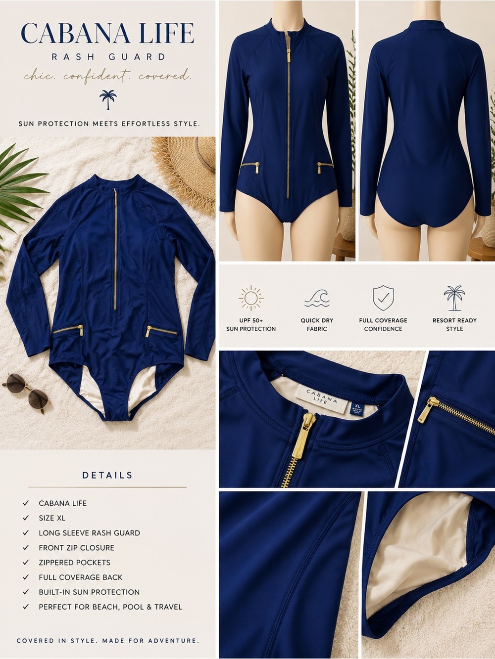 Cabana Life Long Sleeve One-Piece Swimsuit XL Navy Zip Front Rash Guard Swimwear - Picture 1 of 6
